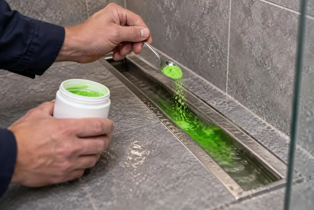 Lekdetectie Schoonhoven – kleurstoftest in een douchegoot