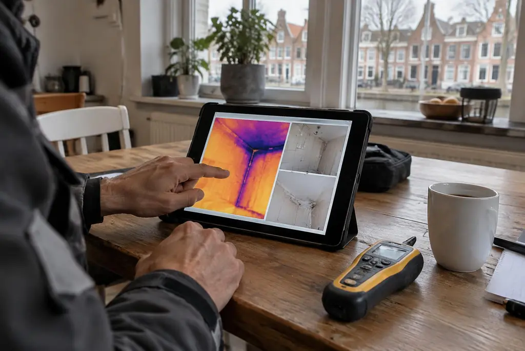 Lekdetectie Schoonhoven – lekdetectierapport met warmtebeelden en foto's op een tablet