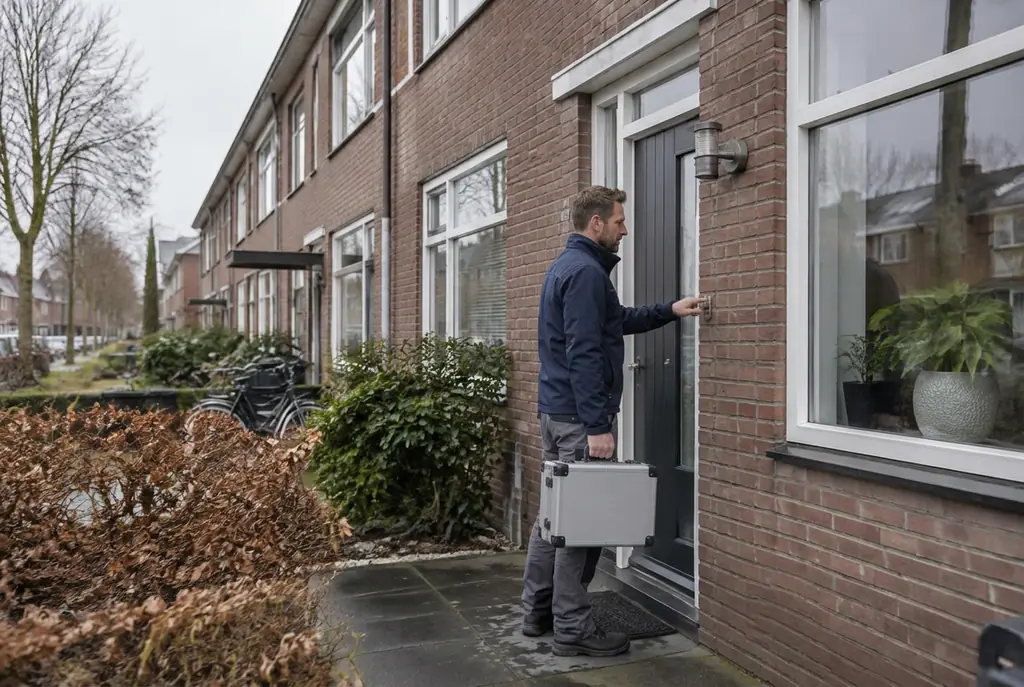 Lekdetectiespecialist met meetkoffer bij de voordeur van een woning in Schoonhoven